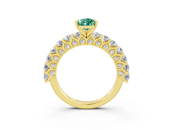 Yellow gold Pear Cut Green Sapphire Solitaire Ring with Shared Prong Pavé Band and Four-Prong Setting