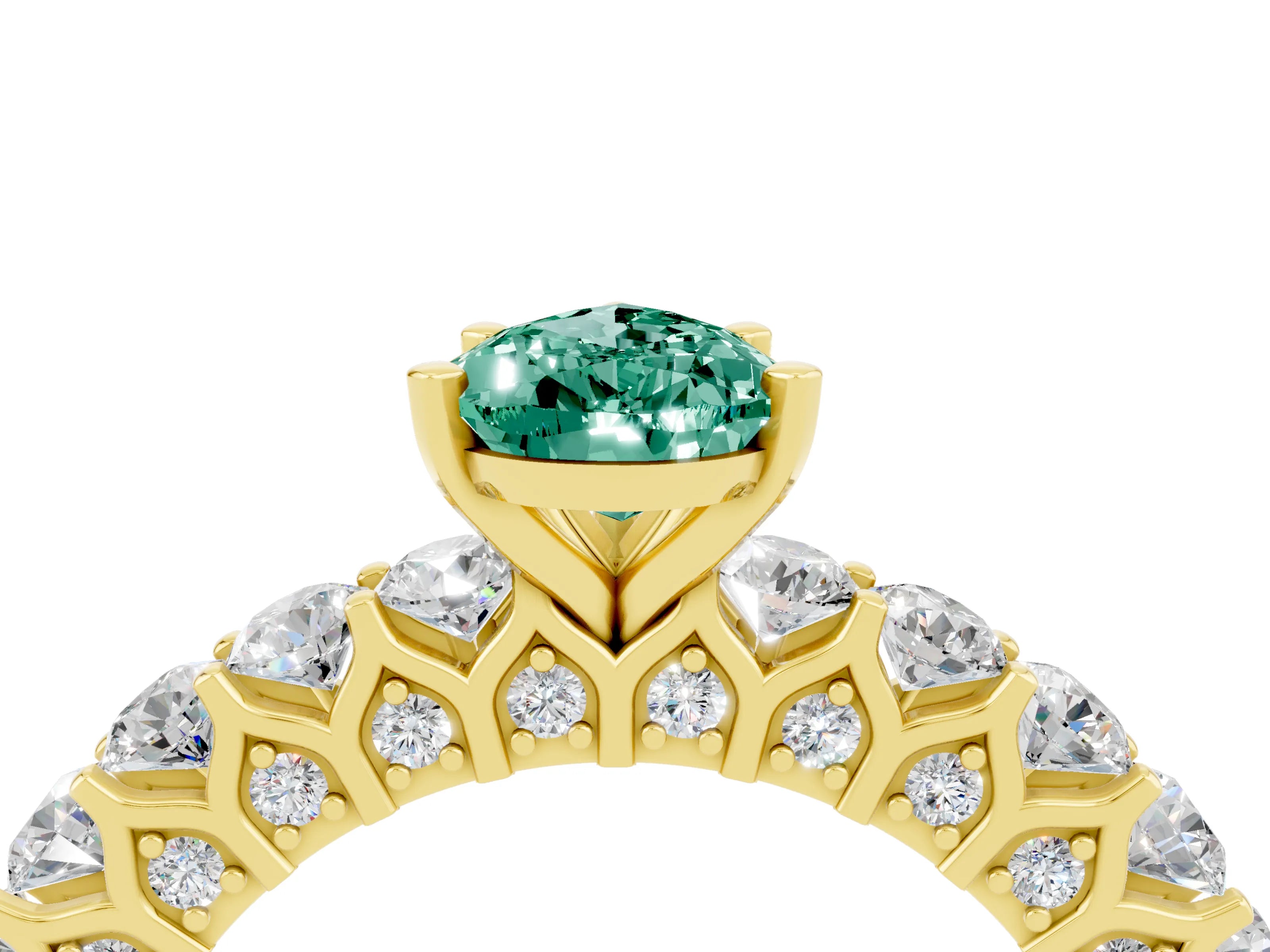 Yellow gold Pear Cut Green Sapphire Solitaire Ring with Shared Prong Pavé Band and Four-Prong Setting_4
