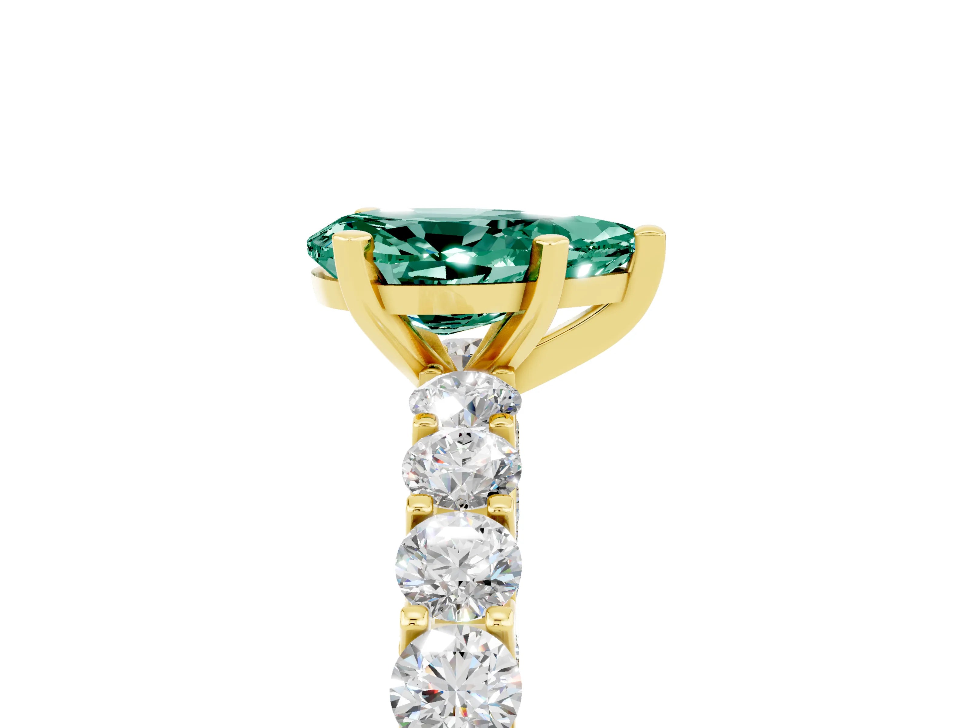 Yellow gold Pear Cut Green Sapphire Solitaire Ring with Shared Prong Pavé Band and Four-Prong Setting_5