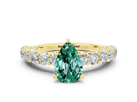 Yellow gold Pear Cut Green Sapphire Solitaire Ring with Shared Prong Pavé Band and Four-Prong Setting