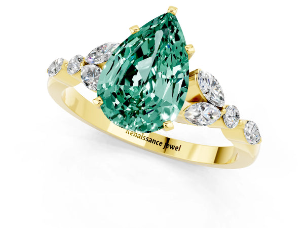 Yellow gold Pear Cut Green Sapphire Solitaire Ring with Side Stones and Four-Prong Setting