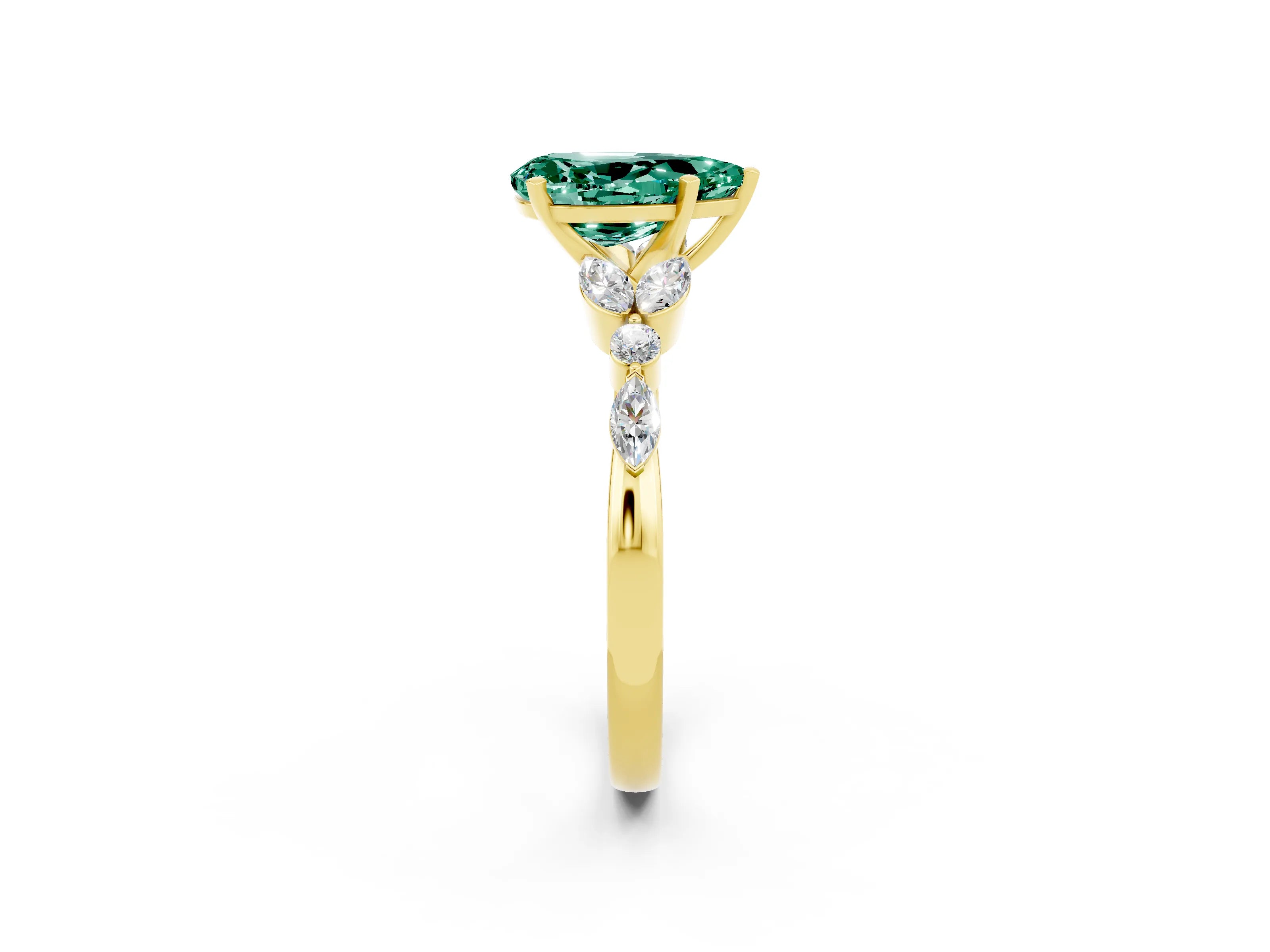 Yellow gold Pear Cut Green Sapphire Solitaire Ring with Side Stones and Four-Prong Setting_14