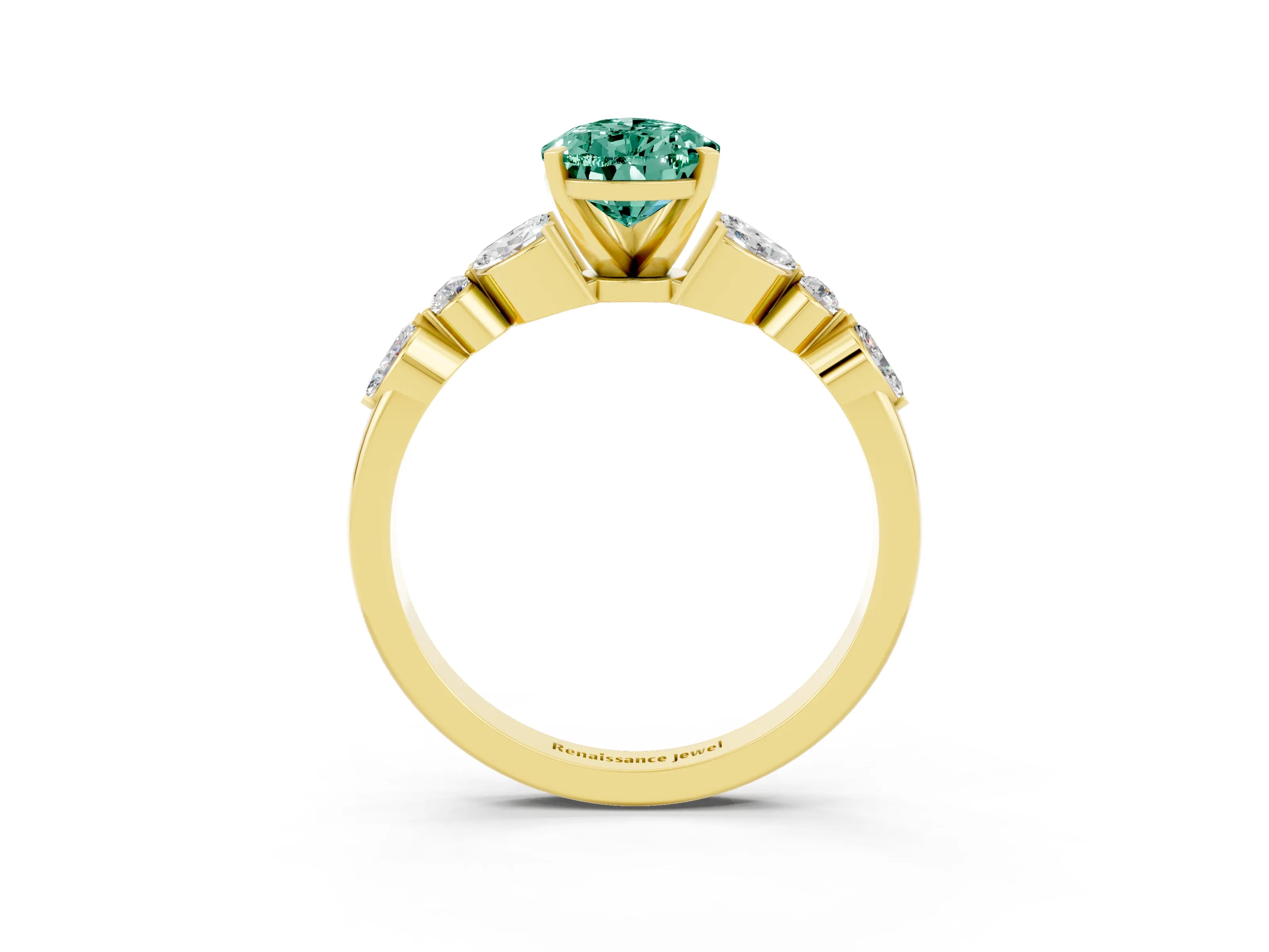 Yellow gold Pear Cut Green Sapphire Solitaire Ring with Side Stones and Four-Prong Setting_15
