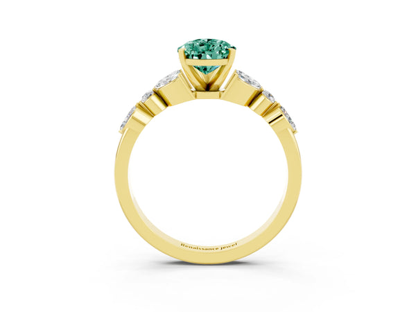 Yellow gold Pear Cut Green Sapphire Solitaire Ring with Side Stones and Four-Prong Setting