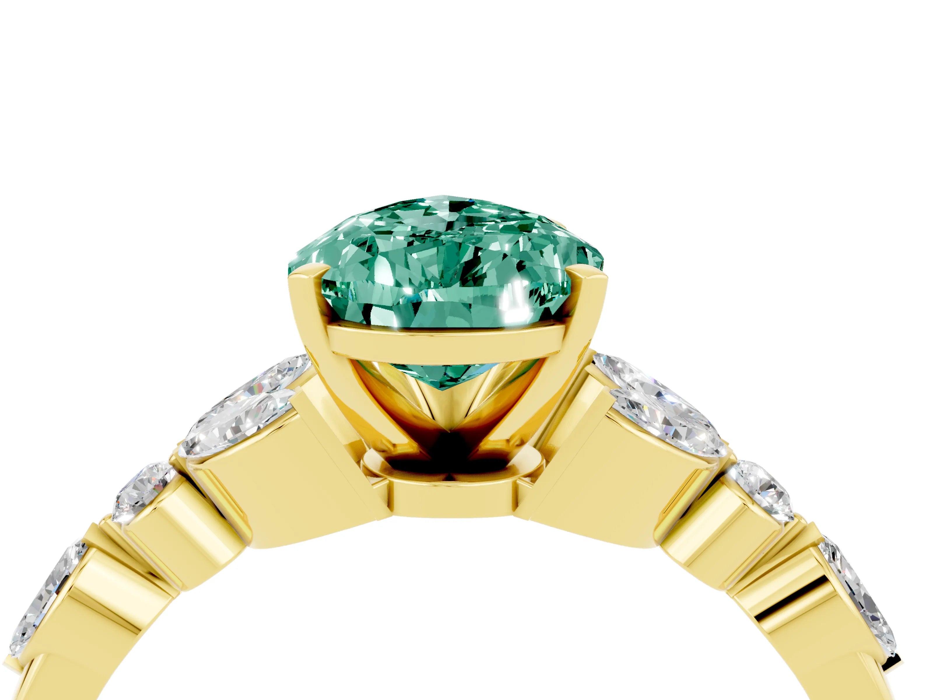 Yellow gold Pear Cut Green Sapphire Solitaire Ring with Side Stones and Four-Prong Setting_16