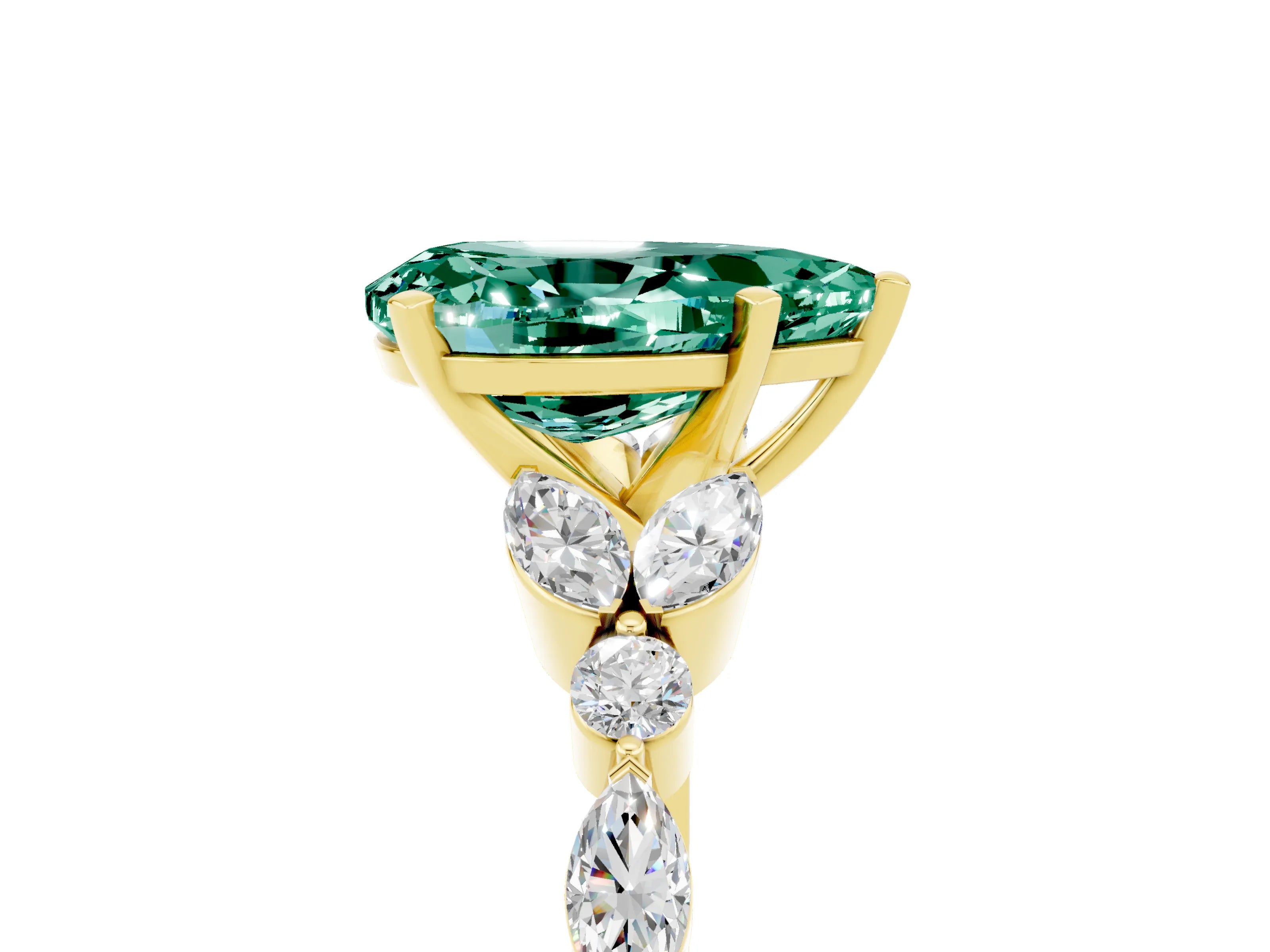 Yellow gold Pear Cut Green Sapphire Solitaire Ring with Side Stones and Four-Prong Setting_17