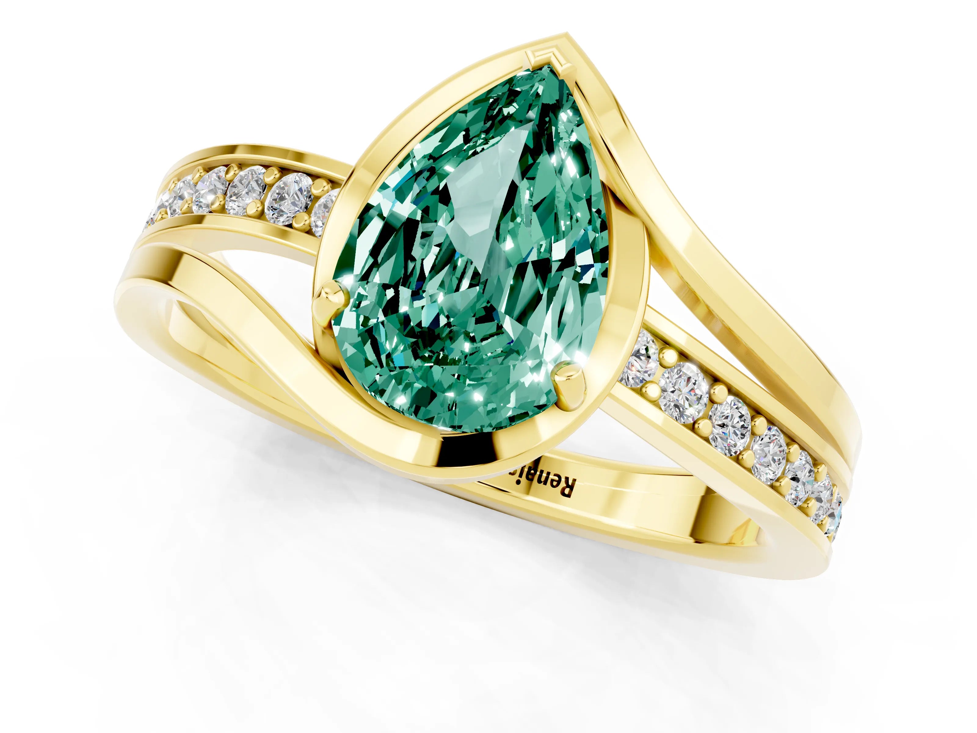Yellow gold Pear Cut Green Sapphire Solitaire Ring with Split Shank and Prong Setting_1