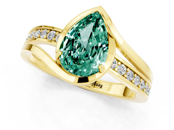Yellow gold Pear Cut Green Sapphire Solitaire Ring with Split Shank and Prong Setting