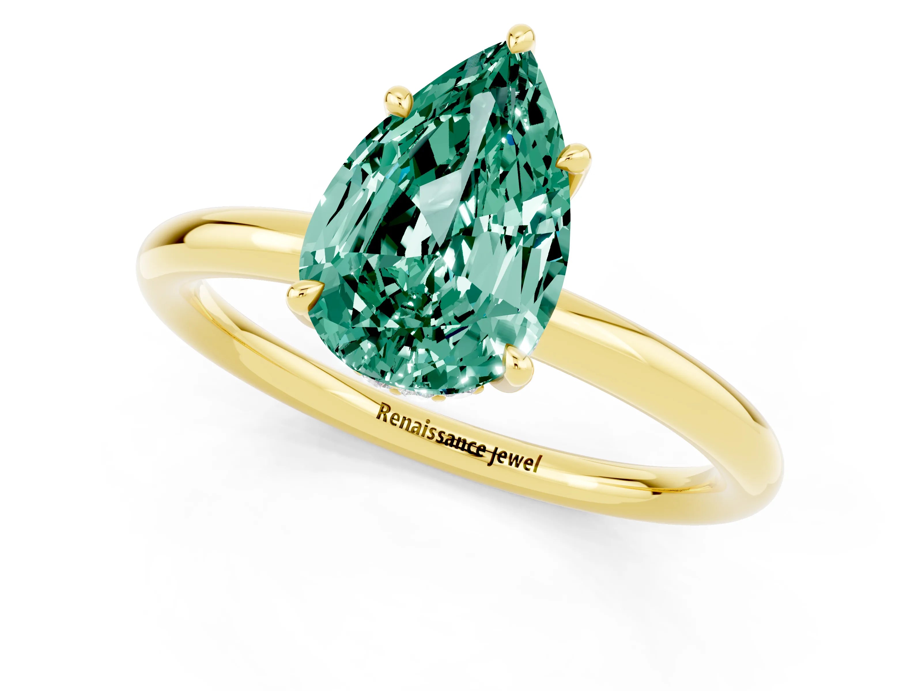 Yellow gold Pear Cut Green Sapphire Solitaire Ring with Thin Band and Four-Prong Setting_13