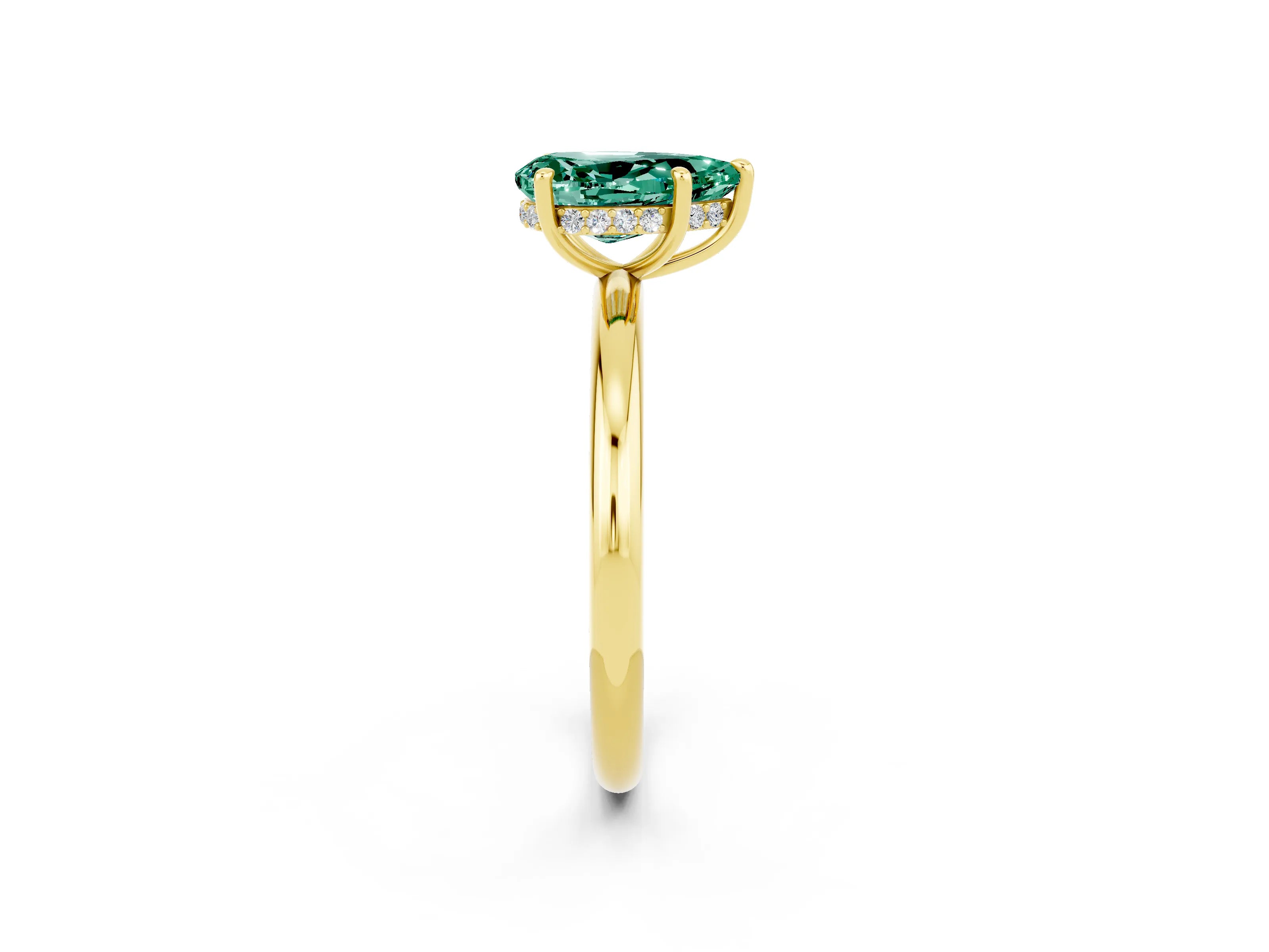 Yellow gold Pear Cut Green Sapphire Solitaire Ring with Thin Band and Four-Prong Setting_14