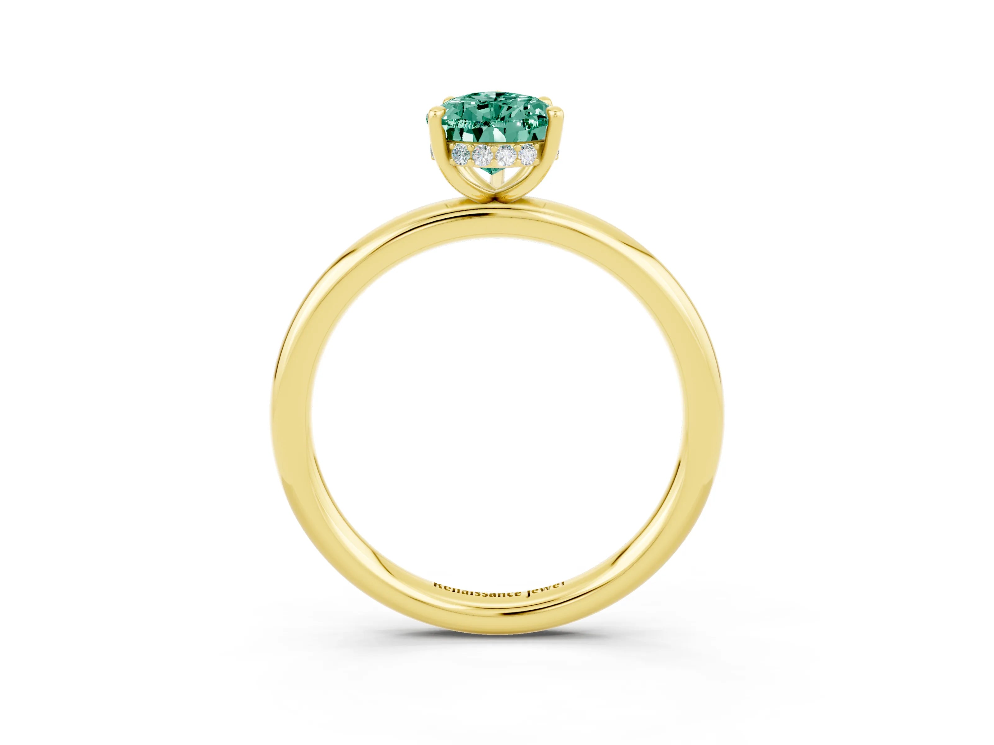 Yellow gold Pear Cut Green Sapphire Solitaire Ring with Thin Band and Four-Prong Setting_15