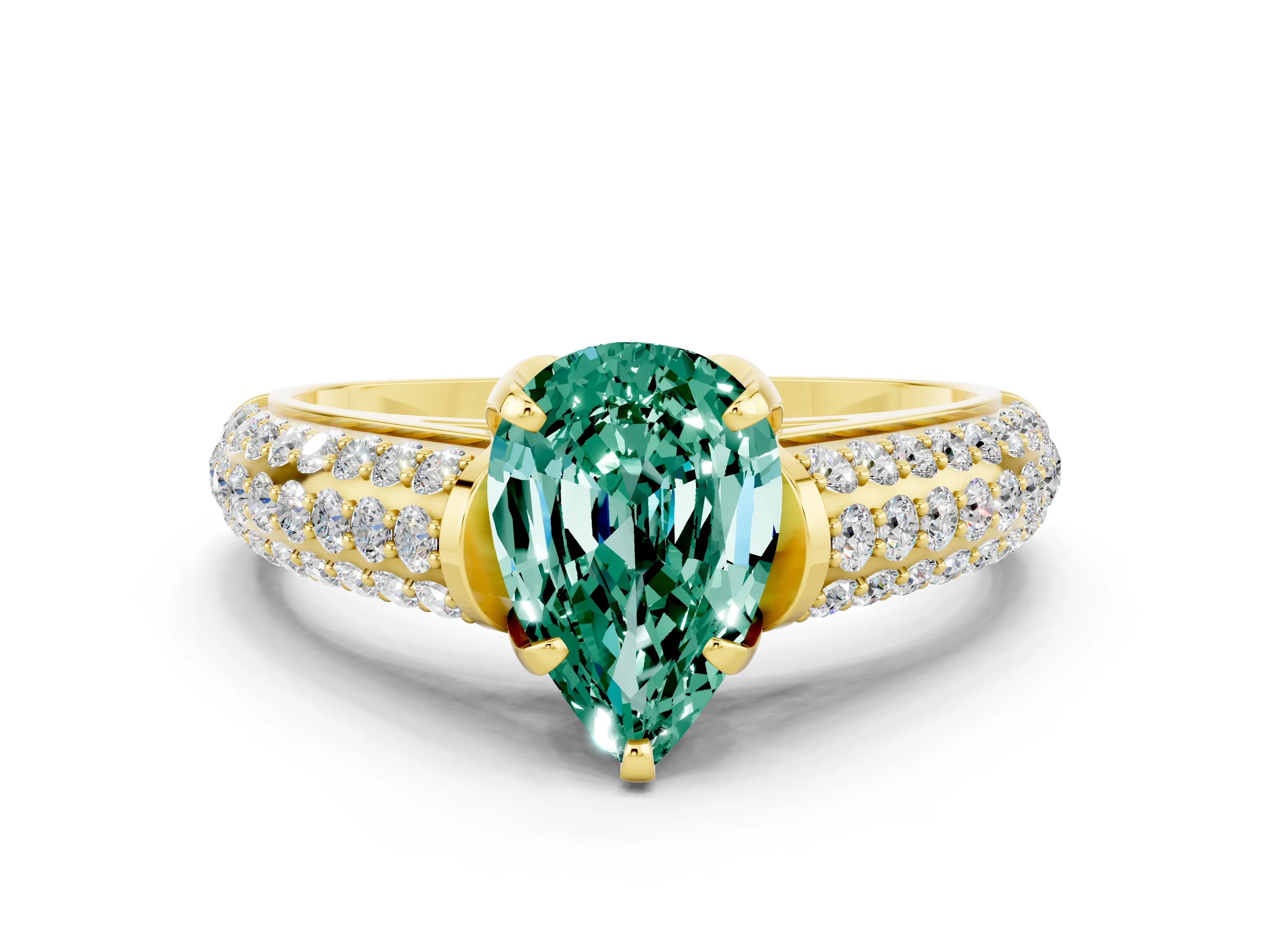 Yellow gold Pear Cut Green Sapphire Solitaire Ring with Three-Row Pavé Band and Four-Prong Setting_12