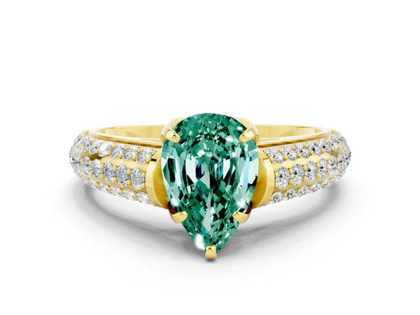 Yellow gold Pear Cut Green Sapphire Solitaire Ring with Three-Row Pavé Band and Four-Prong Setting