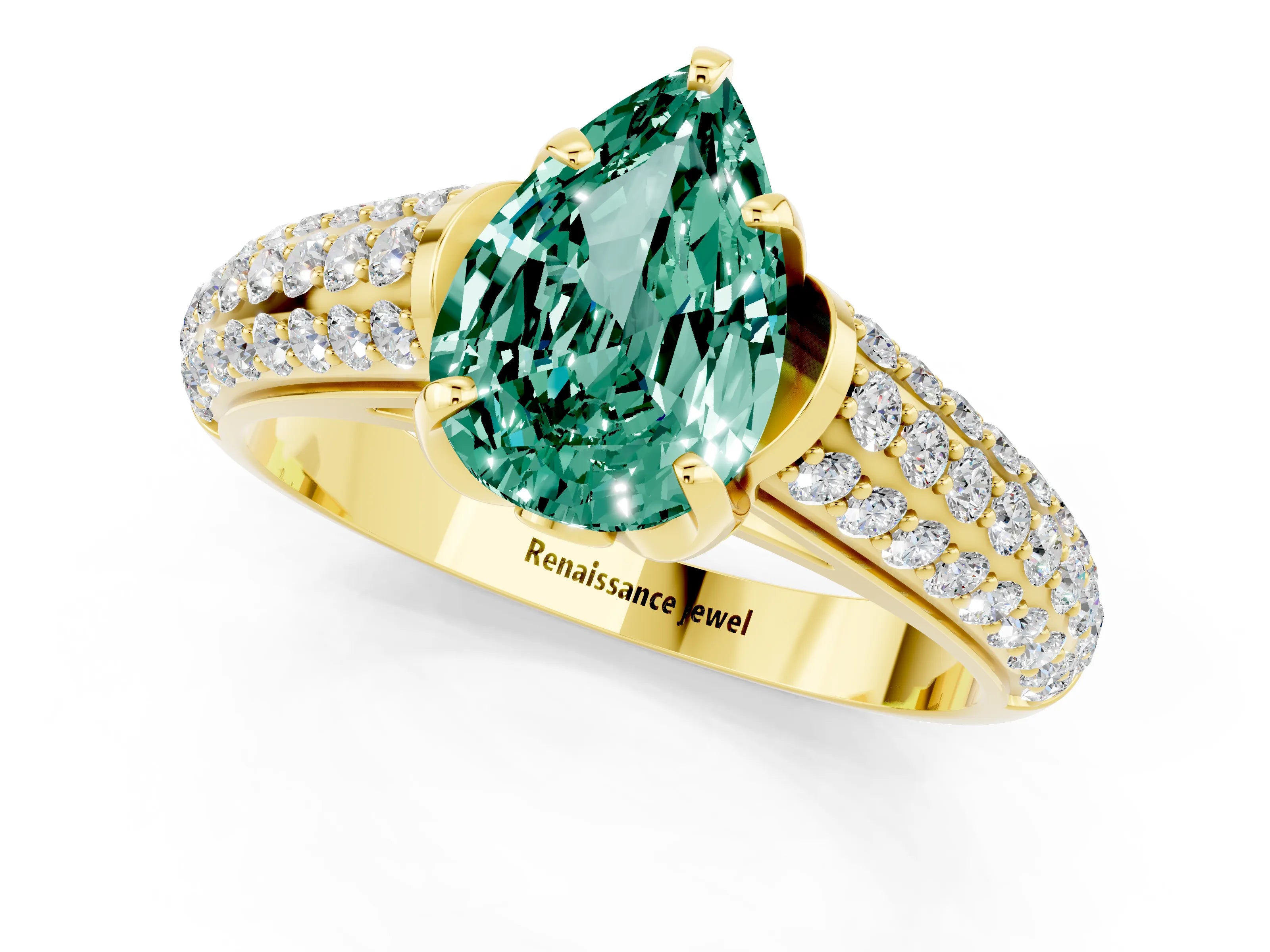 Yellow gold Pear Cut Green Sapphire Solitaire Ring with Three-Row Pavé Band and Four-Prong Setting_13
