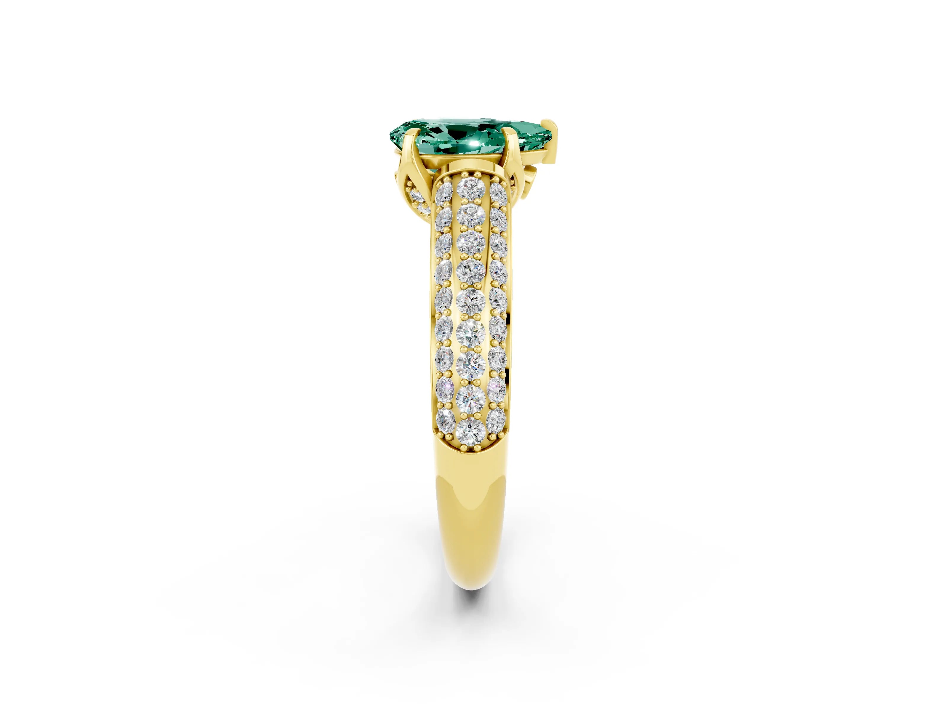 Yellow gold Pear Cut Green Sapphire Solitaire Ring with Three-Row Pavé Band and Four-Prong Setting_14