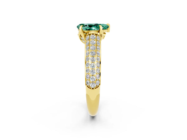 Yellow gold Pear Cut Green Sapphire Solitaire Ring with Three-Row Pavé Band and Four-Prong Setting