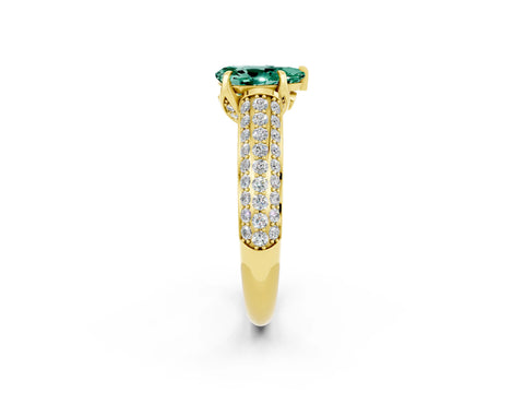 Yellow gold Pear Cut Green Sapphire Solitaire Ring with Three-Row Pavé Band and Four-Prong Setting_14