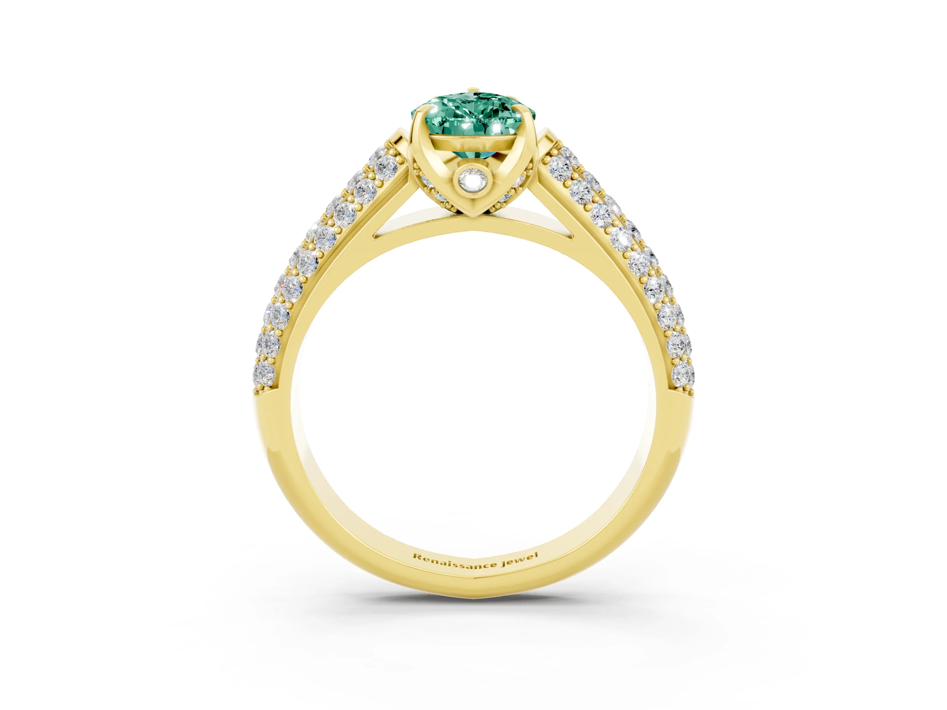 Yellow gold Pear Cut Green Sapphire Solitaire Ring with Three-Row Pavé Band and Four-Prong Setting_15