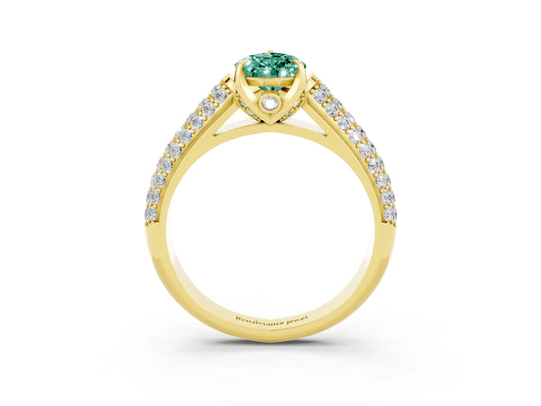 Yellow gold Pear Cut Green Sapphire Solitaire Ring with Three-Row Pavé Band and Four-Prong Setting