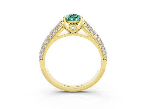Yellow gold Pear Cut Green Sapphire Solitaire Ring with Three-Row Pavé Band and Four-Prong Setting_15