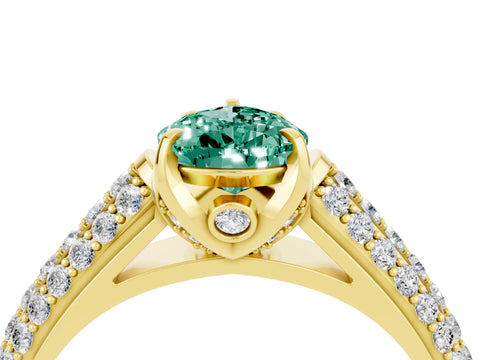Yellow gold Pear Cut Green Sapphire Solitaire Ring with Three-Row Pavé Band and Four-Prong Setting_16