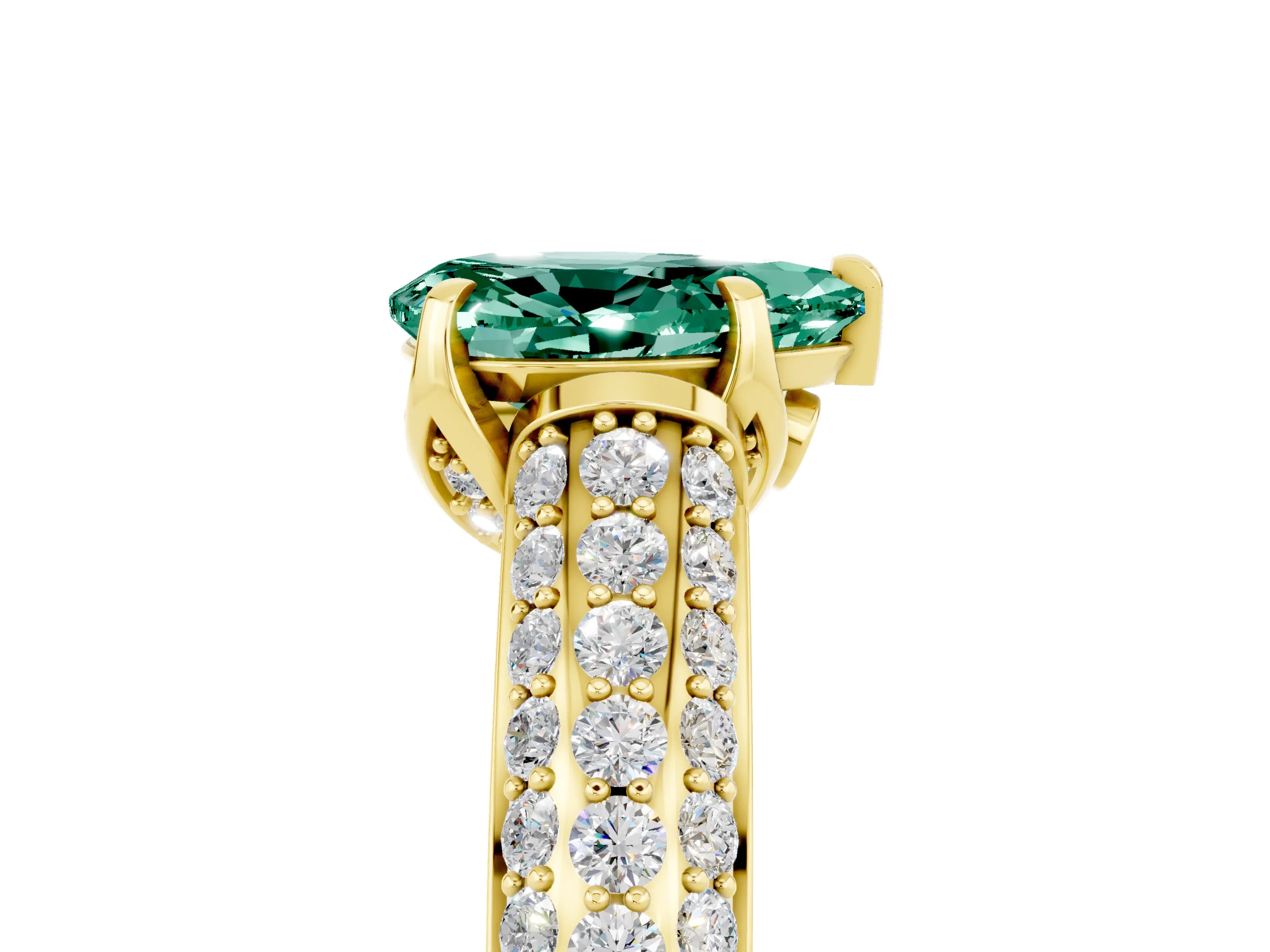 Yellow gold Pear Cut Green Sapphire Solitaire Ring with Three-Row Pavé Band and Four-Prong Setting_17