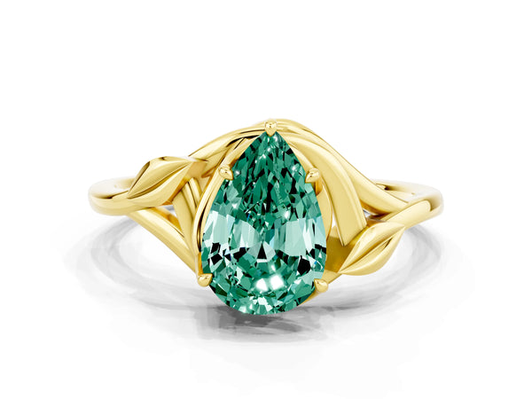 Yellow gold Pear Cut Green Sapphire Solitaire Ring with Twist Band and Four-Prong Setting