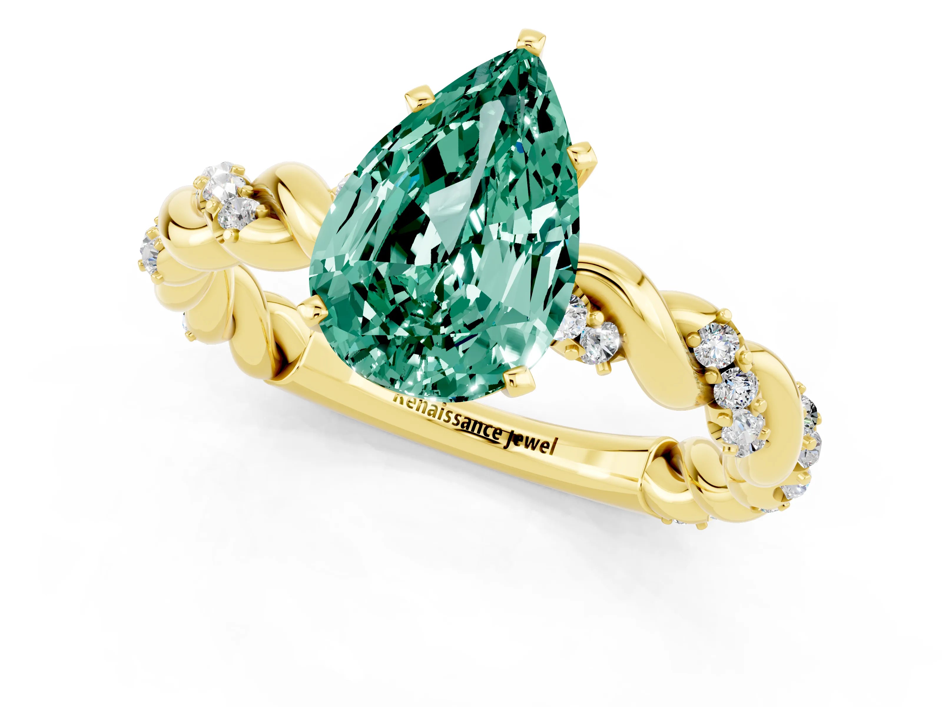 Yellow gold Pear Cut Green Sapphire Solitaire Ring with Twisted Band and Pavé Accents_1