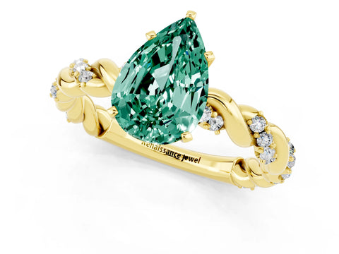 Yellow gold Pear Cut Green Sapphire Solitaire Ring with Twisted Band and Pavé Accents_1