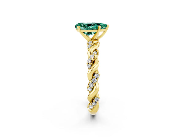 Yellow gold Pear Cut Green Sapphire Solitaire Ring with Twisted Band and Pavé Accents