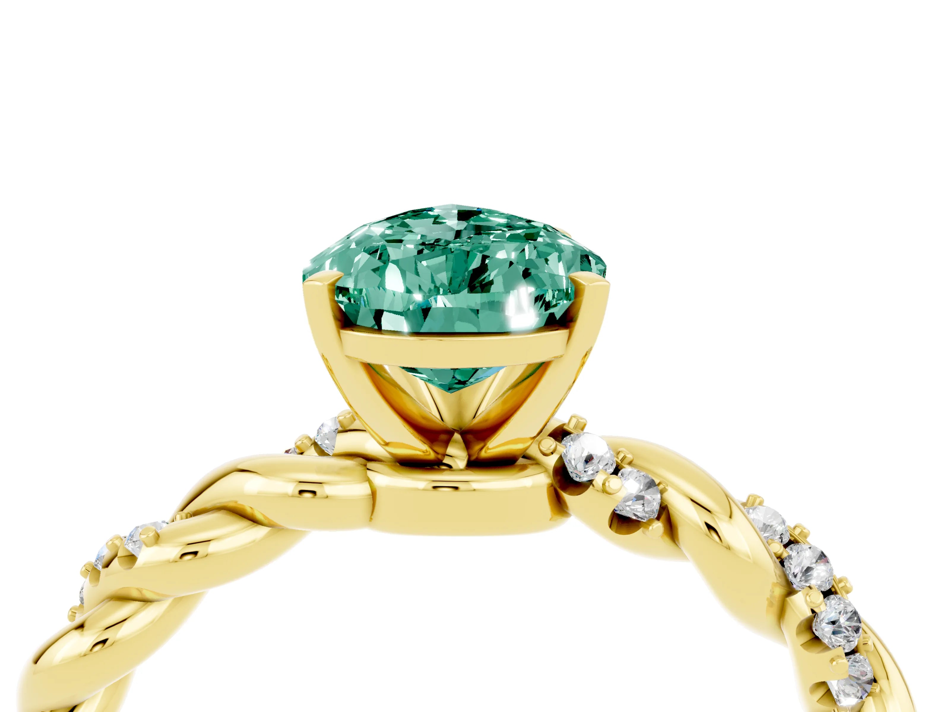 Yellow gold Pear Cut Green Sapphire Solitaire Ring with Twisted Band and Pavé Accents_4