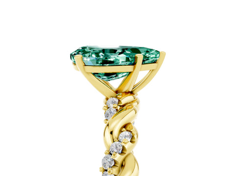 Yellow gold Pear Cut Green Sapphire Solitaire Ring with Twisted Band and Pavé Accents_5