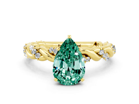 Yellow gold Pear Cut Green Sapphire Solitaire Ring with Twisted Band and Pavé Accents