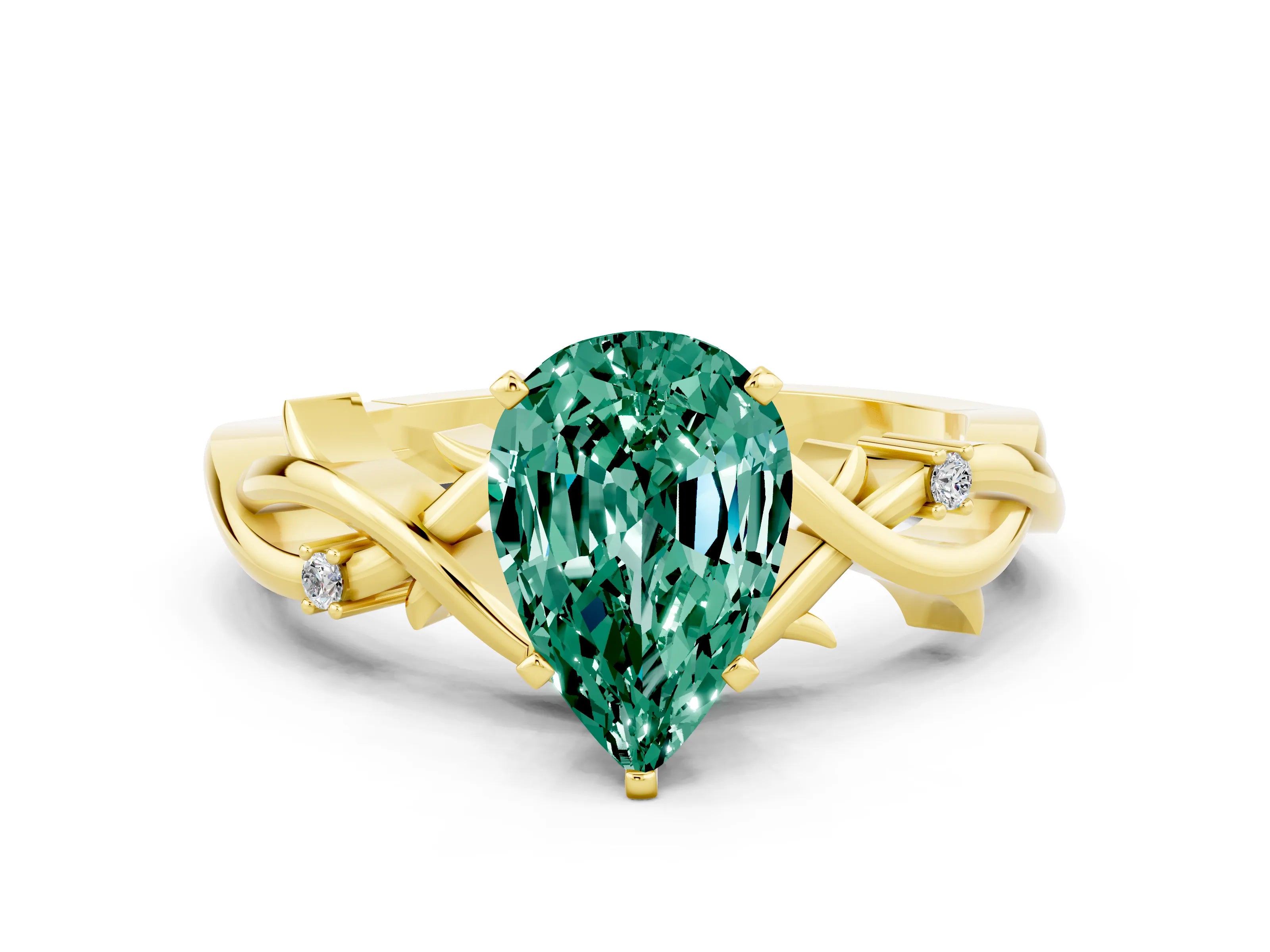 Yellow gold Pear Cut Green Sapphire Solitaire Ring with Twisted Band and Prong Setting