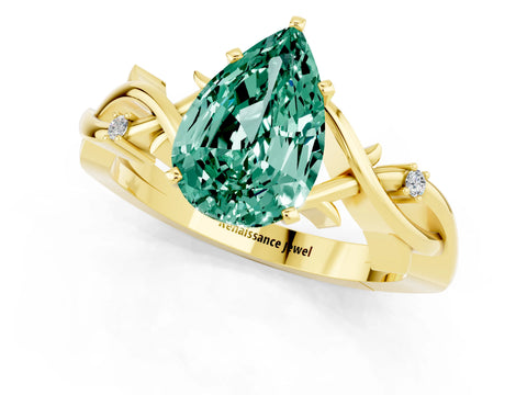 Yellow gold Pear Cut Green Sapphire Solitaire Ring with Twisted Band and Prong Setting_1