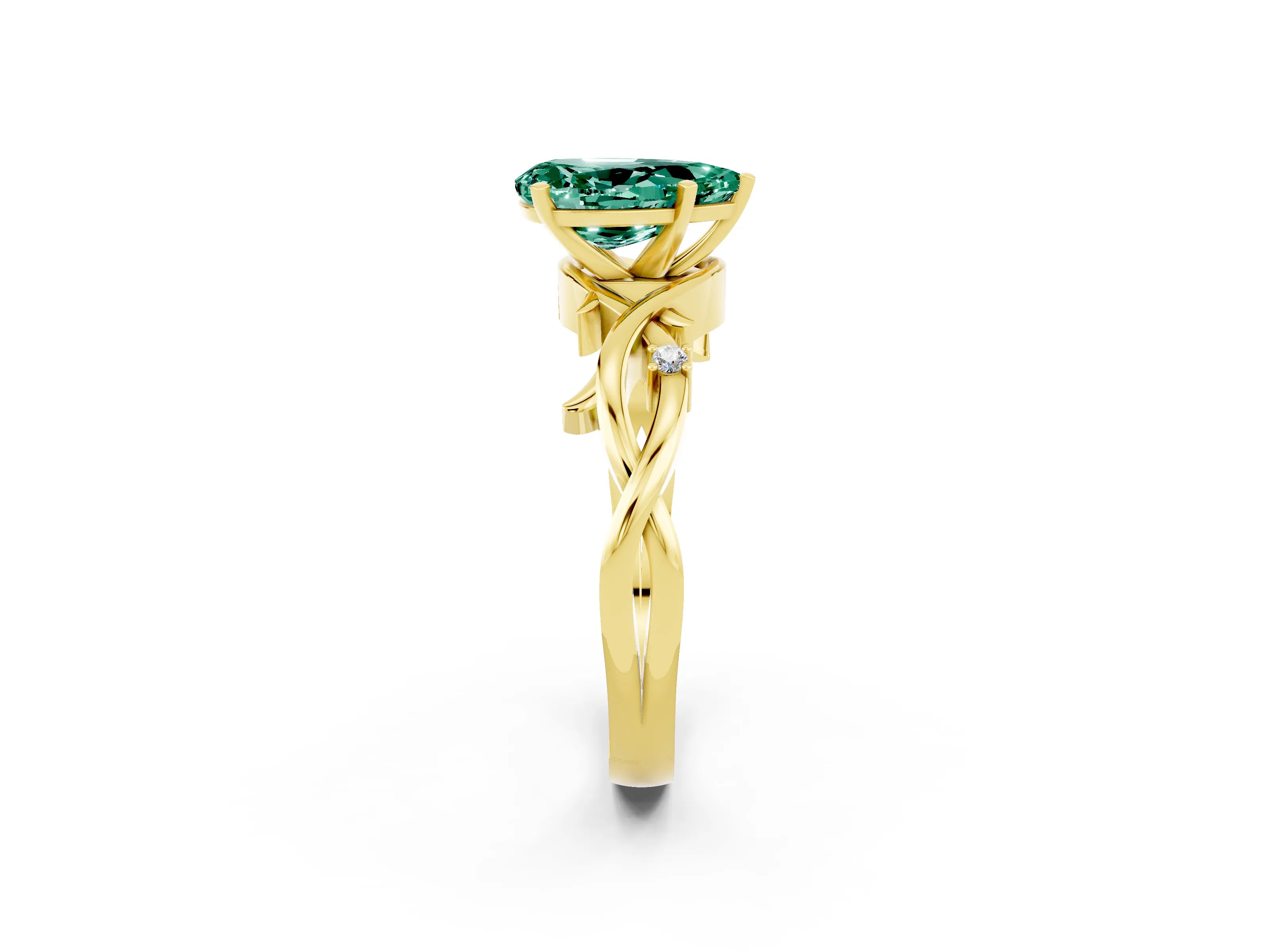 Yellow gold Pear Cut Green Sapphire Solitaire Ring with Twisted Band and Prong Setting_2