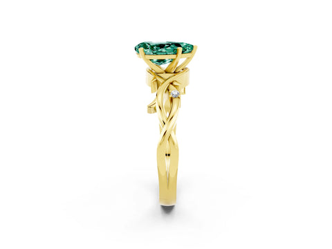 Yellow gold Pear Cut Green Sapphire Solitaire Ring with Twisted Band and Prong Setting_2