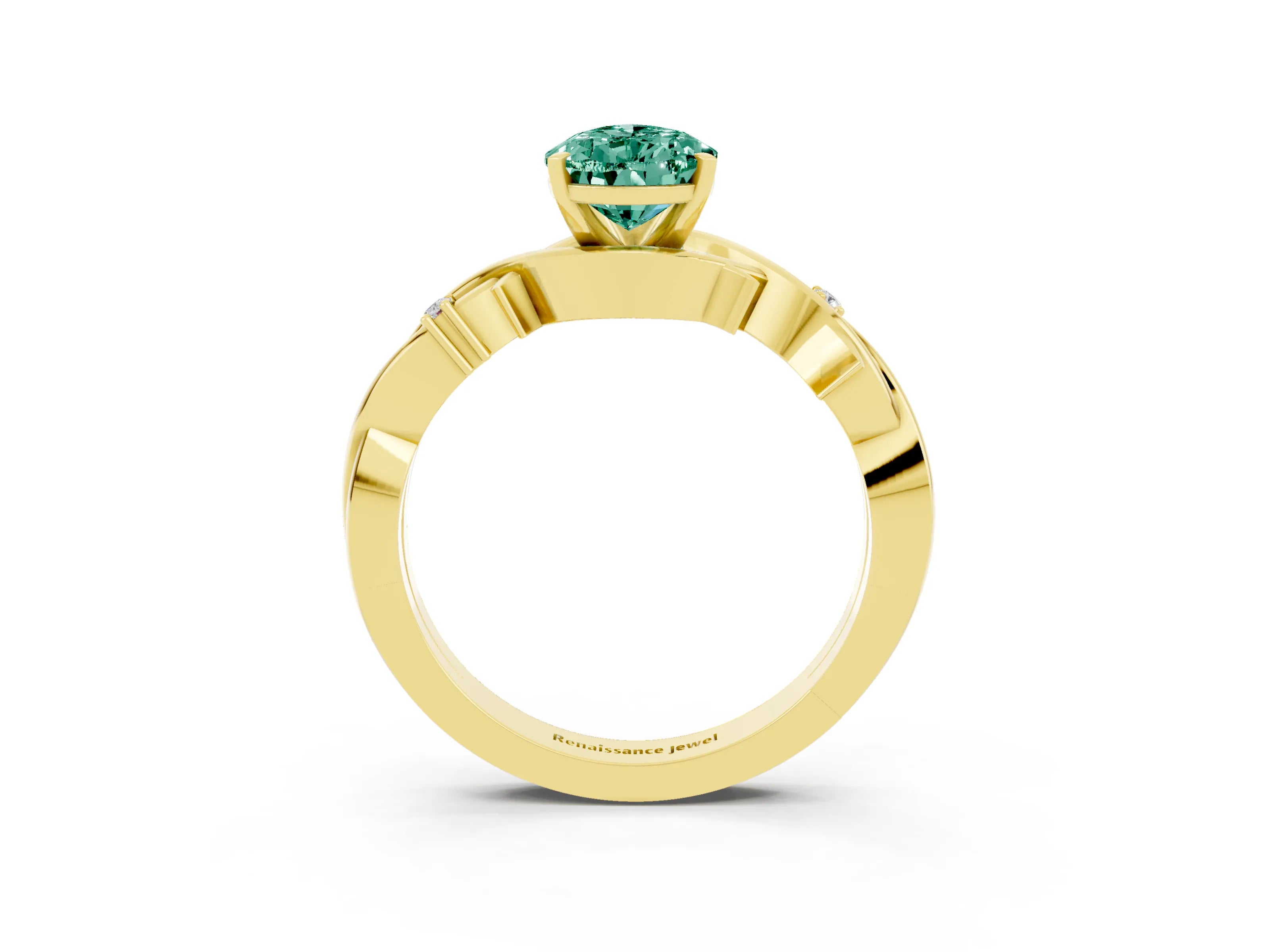 Yellow gold Pear Cut Green Sapphire Solitaire Ring with Twisted Band and Prong Setting_3