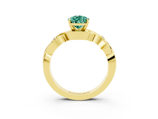 Yellow gold Pear Cut Green Sapphire Solitaire Ring with Twisted Band and Prong Setting