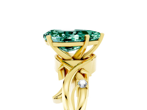 Yellow gold Pear Cut Green Sapphire Solitaire Ring with Twisted Band and Prong Setting_5