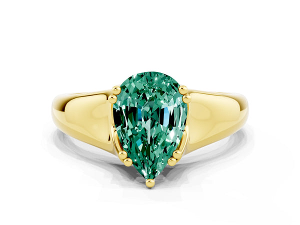 Yellow gold Pear Cut Green Sapphire Solitaire Ring with Wide Band and Prong Setting