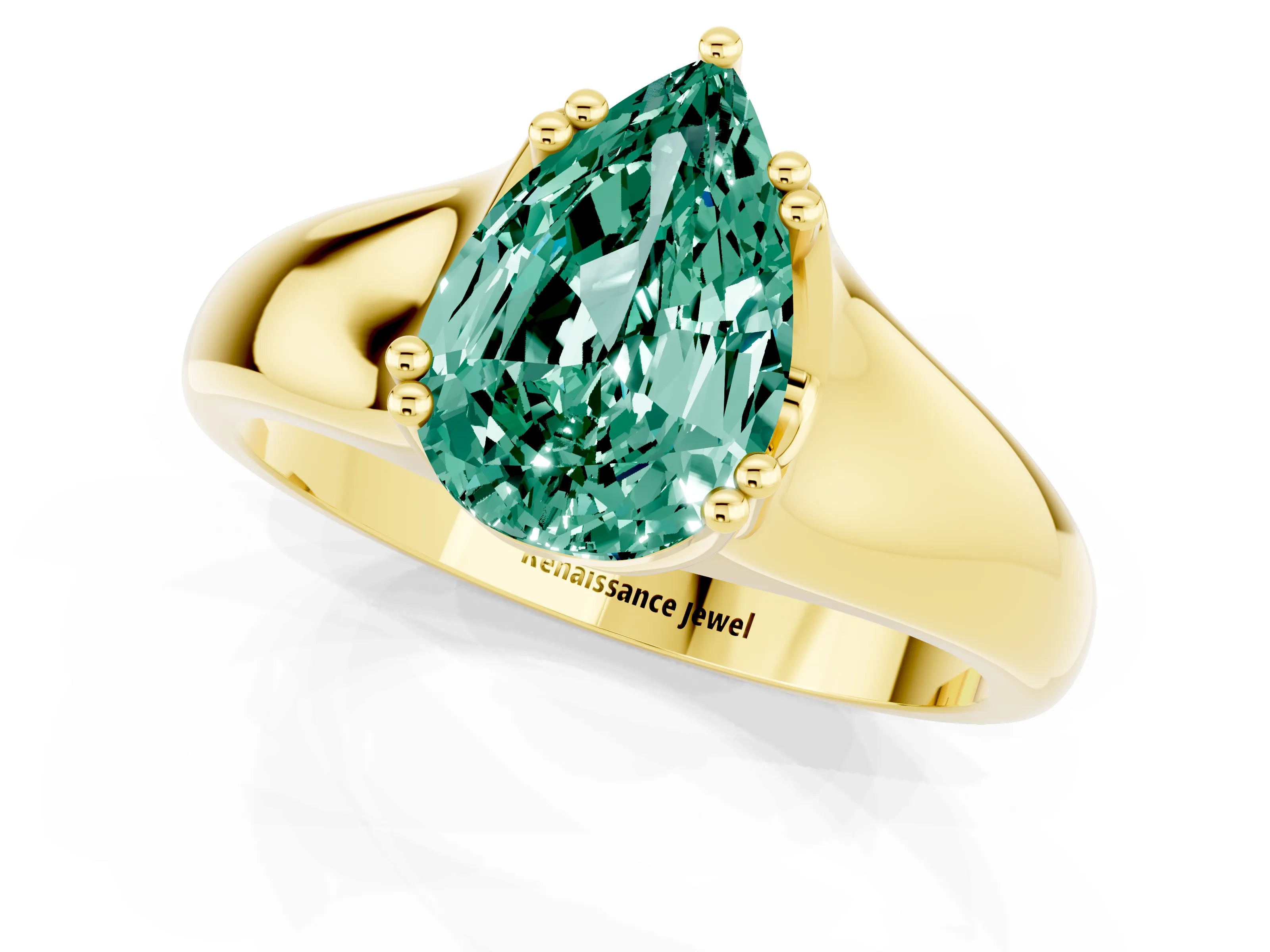 Yellow gold Pear Cut Green Sapphire Solitaire Ring with Wide Band and Prong Setting_1