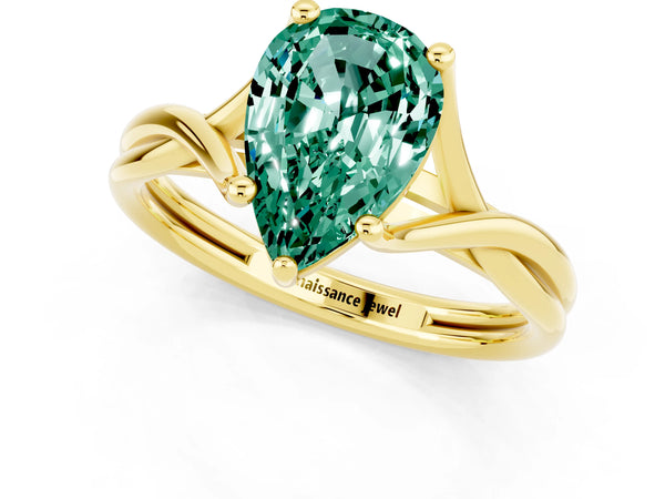 Yellow gold Pear Cut Green Sapphire Solitaire Twist Band Prong Setting Ring