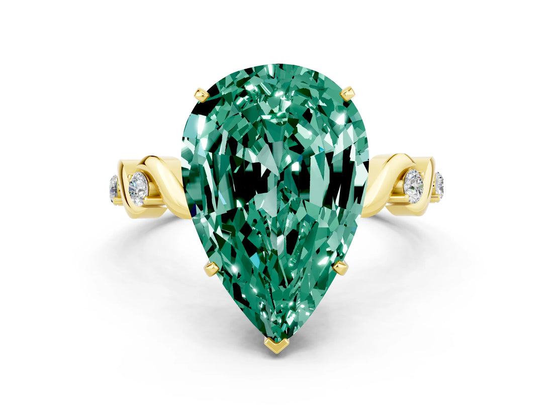 Yellow gold Pear Cut Green Sapphire Solitaire Twisted Band with Round  Accents and Prong Setting_12