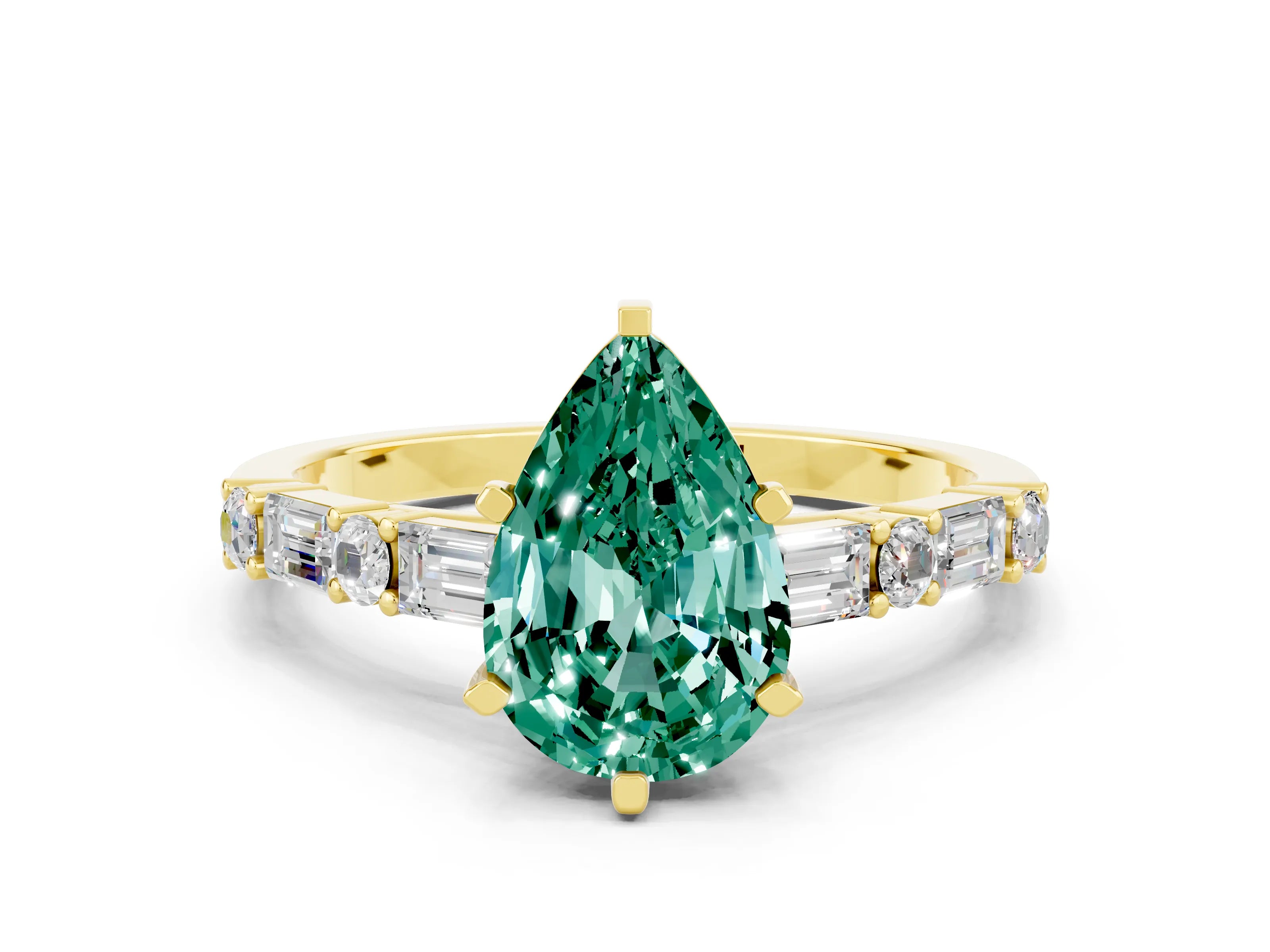 Yellow gold Pear Cut Green Sapphire Solitaire with Side Baguettes and Channel Set Band