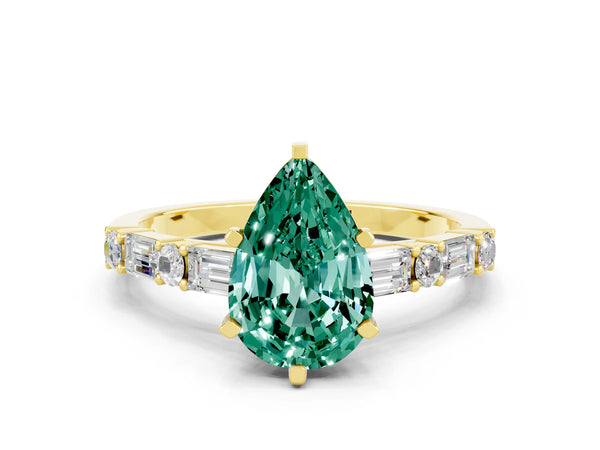 Yellow gold Pear Cut Green Sapphire Solitaire with Side Baguettes and Channel Set Band
