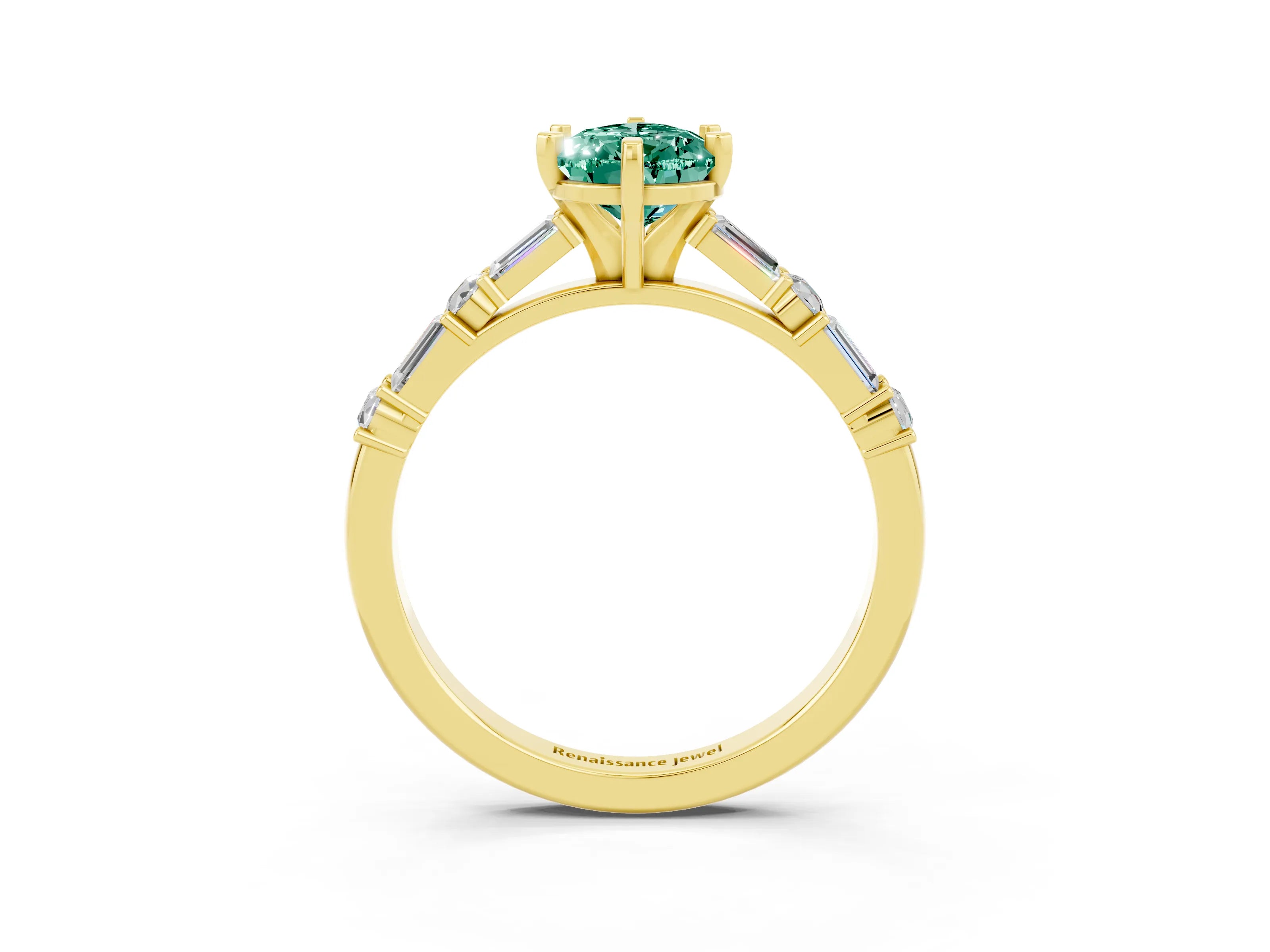 Yellow gold Pear Cut Green Sapphire Solitaire with Side Baguettes and Channel Set Band_3