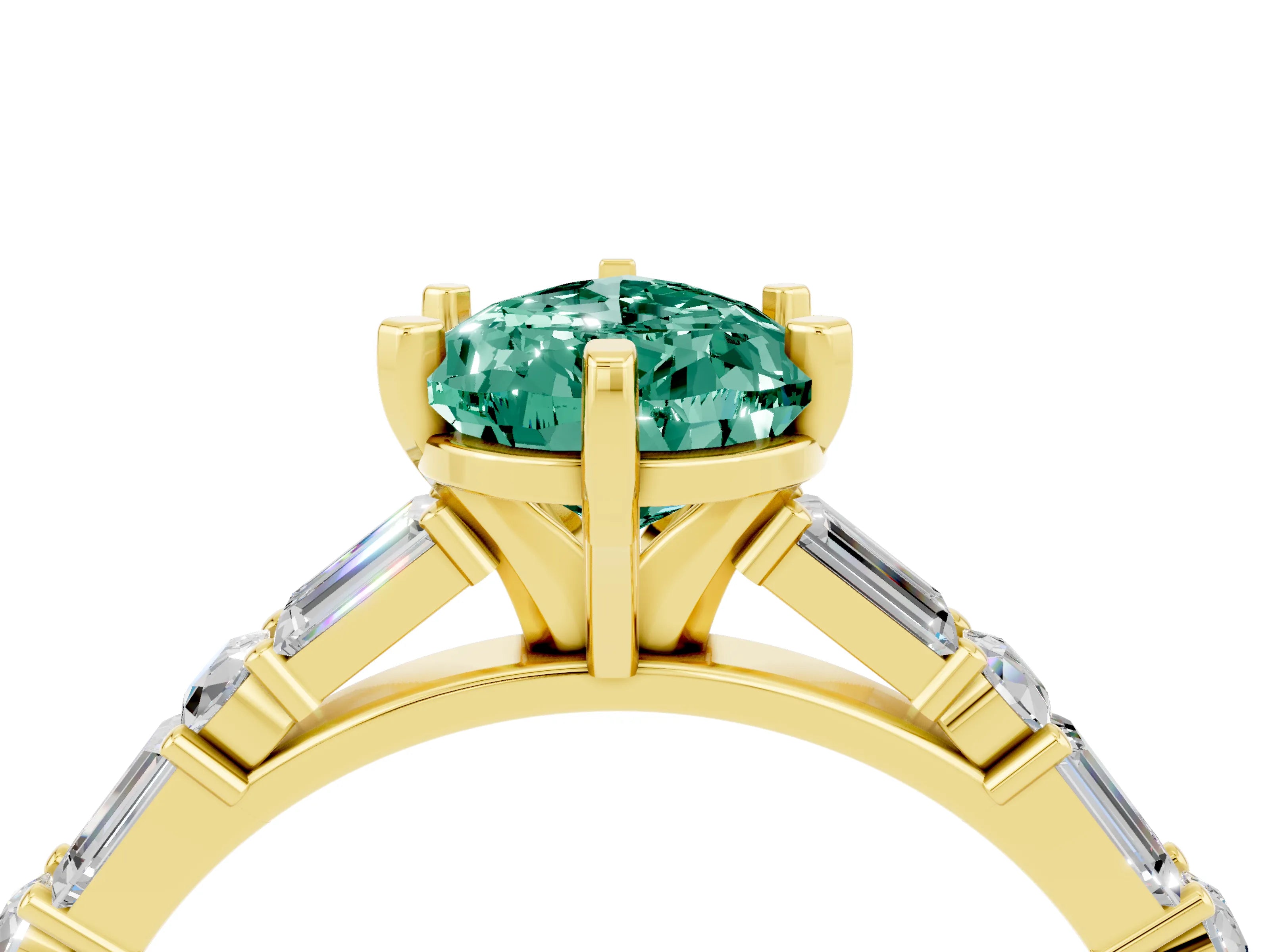 Yellow gold Pear Cut Green Sapphire Solitaire with Side Baguettes and Channel Set Band_4