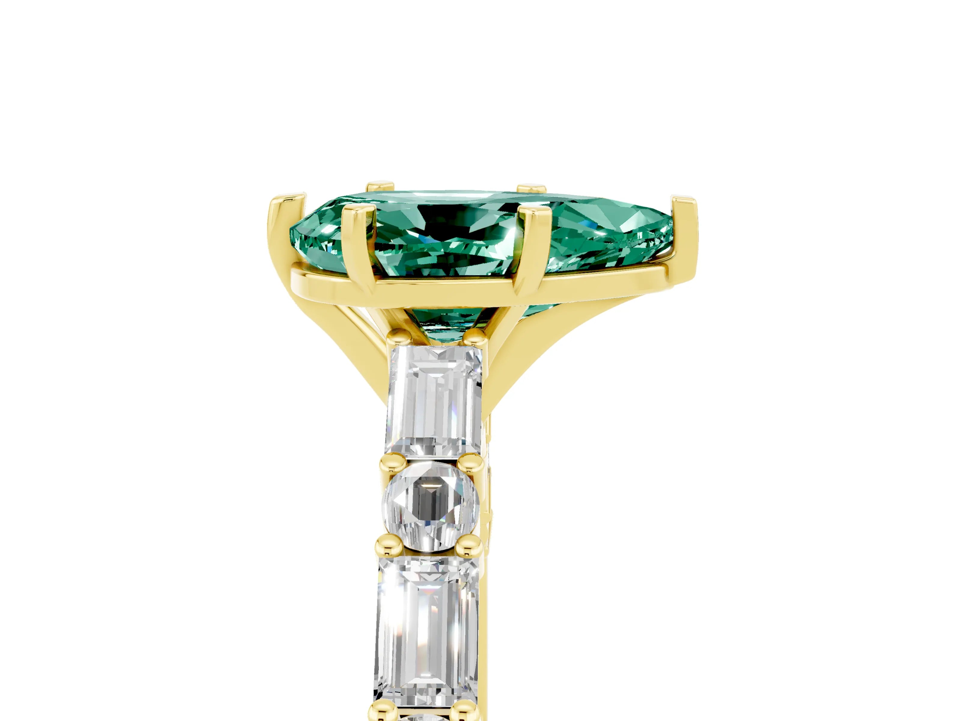 Yellow gold Pear Cut Green Sapphire Solitaire with Side Baguettes and Channel Set Band_5