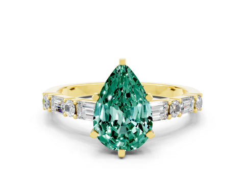 Yellow gold Pear Cut Green Sapphire Solitaire with Side Baguettes and Channel Set Band